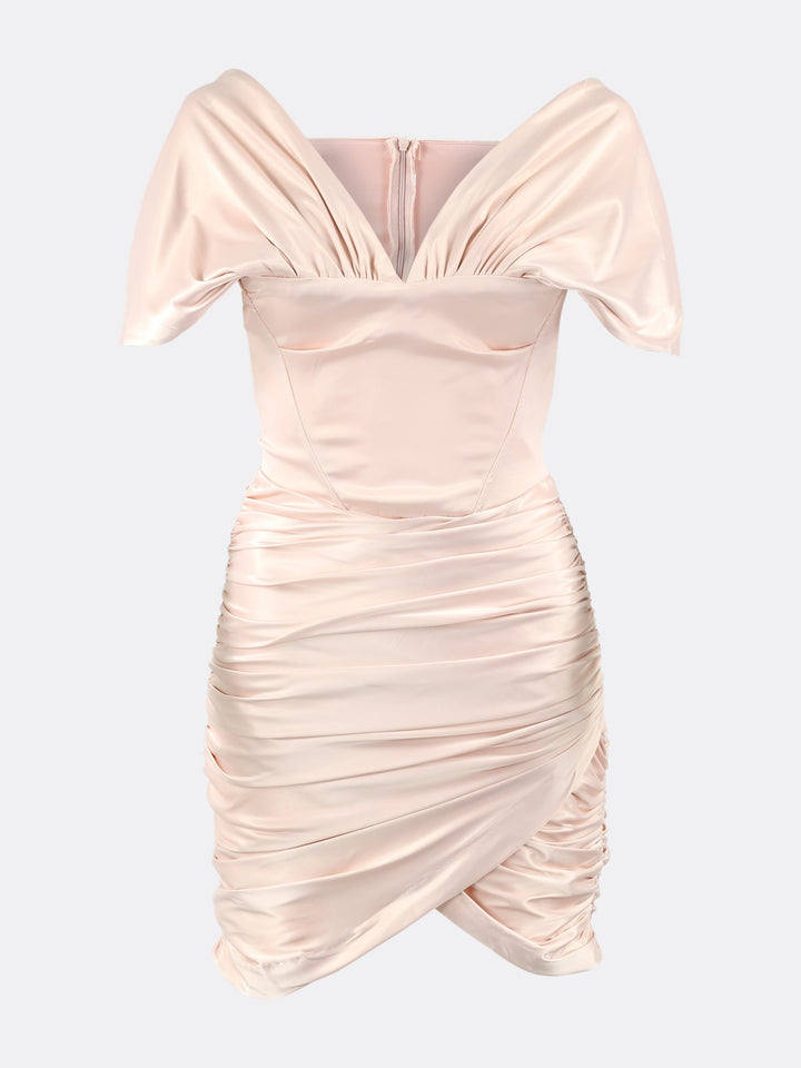 Asymmetric Bodycon Mini Draped Dress with V-neck Pink Ghost | Jolovies