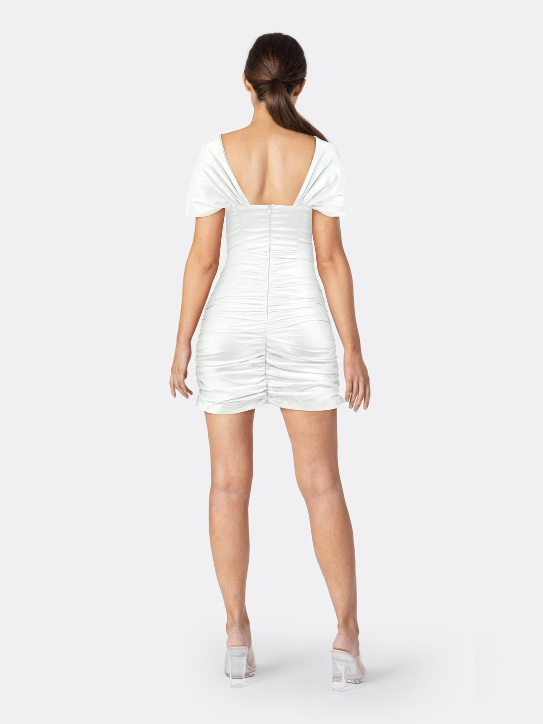 Asymmetric Bodycon Mini Draped Dress with V-neck White Back | Jolovies