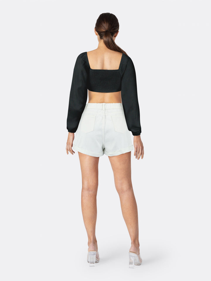 Asymmetric Long Sleeve Cropped Blouse with Cut Out Detail Black Back | Jolovies