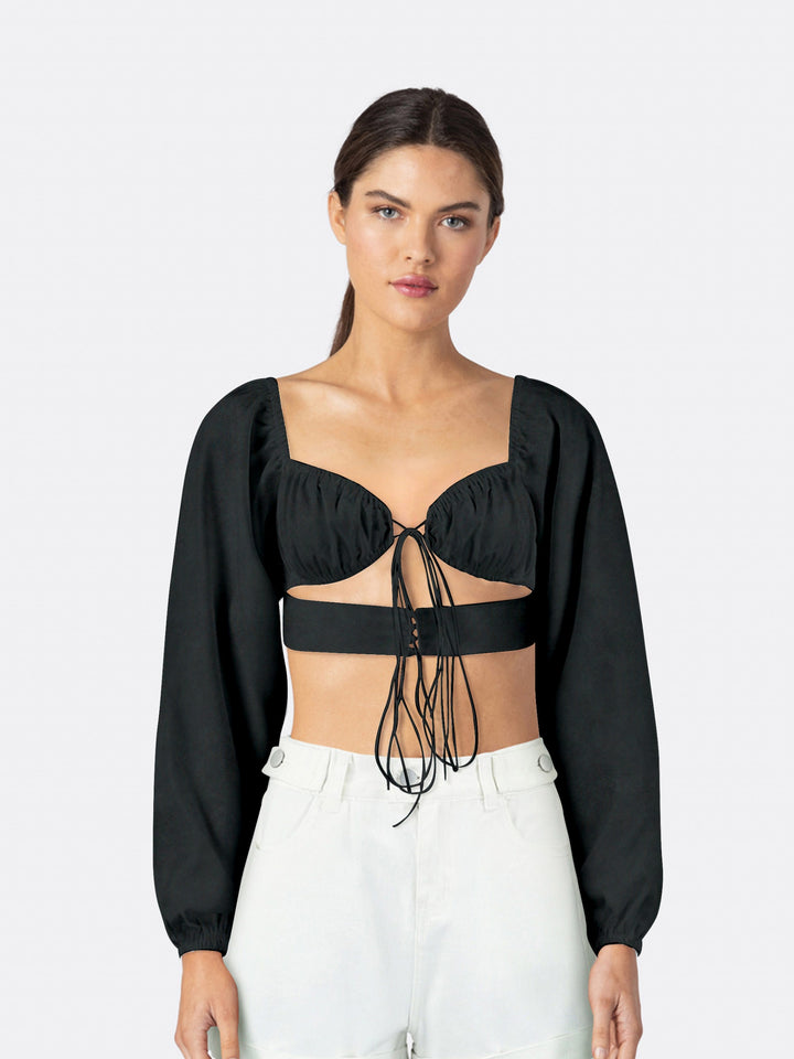 Asymmetric Long Sleeve Cropped Blouse with Cut Out Detail Black Front Close | Jolovies