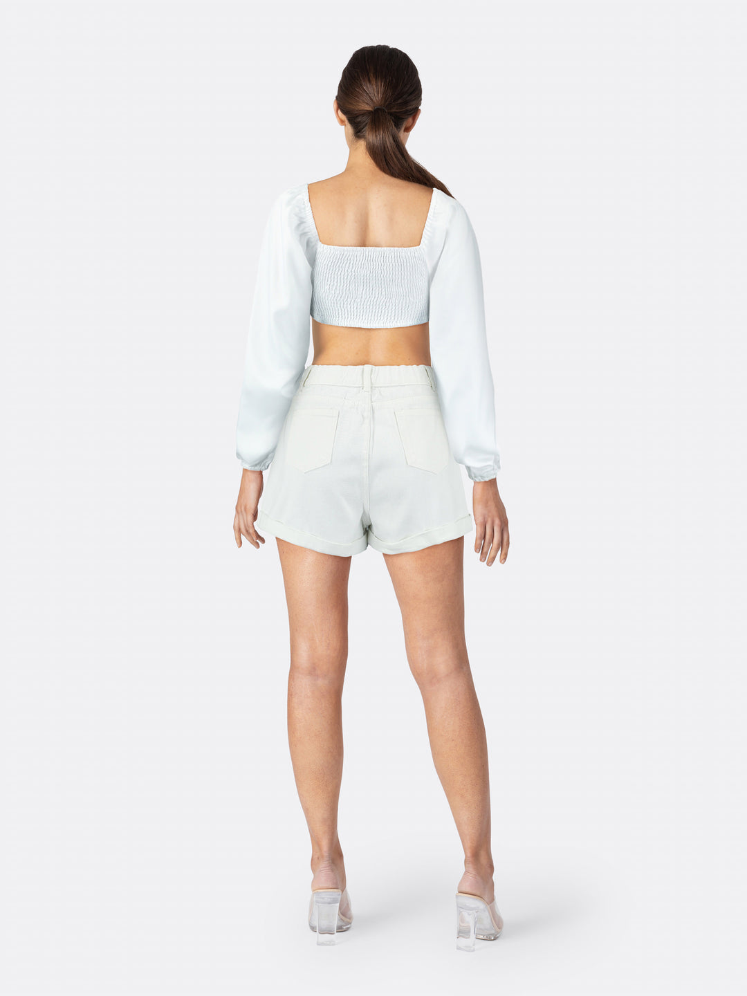 Asymmetric Long Sleeve Cropped Blouse with Cut Out Detail White Back | Jolovies