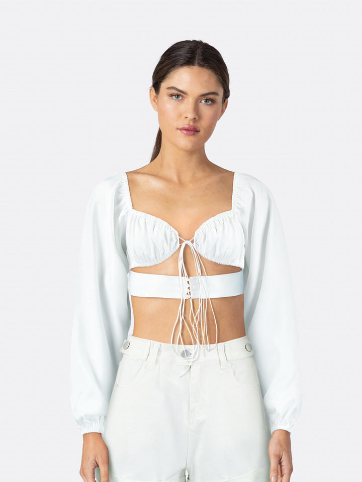 Asymmetric Long Sleeve Cropped Blouse with Cut Out Detail White Front Close | Jolovies