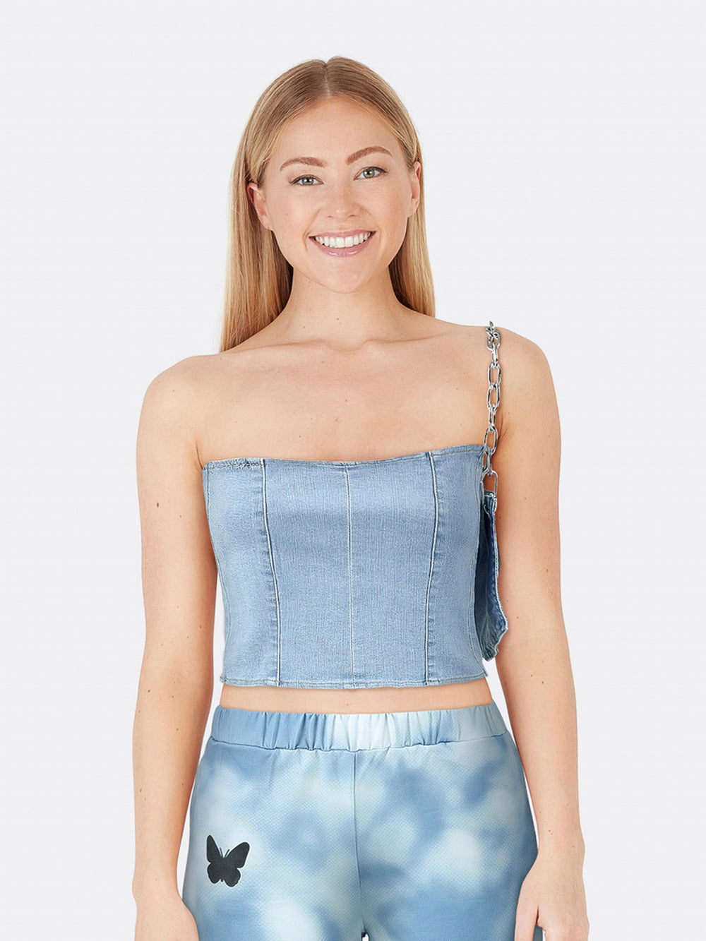 Backless Denim Tube Top with Drawstring Straps and Mini Denim Bag Blue Front Close