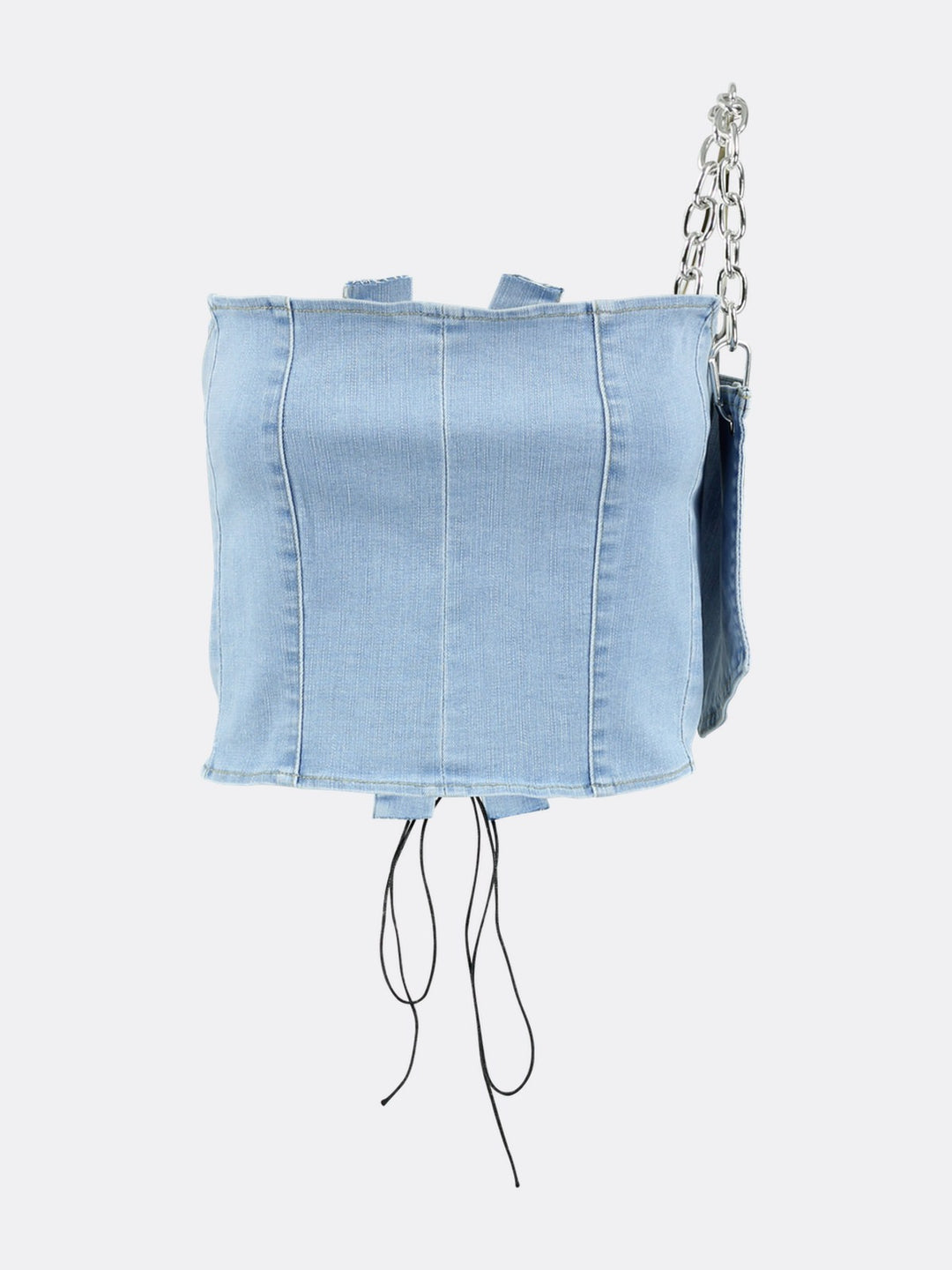 Backless Denim Tube Top with Drawstring Straps and Mini Denim Bag Blue Ghost