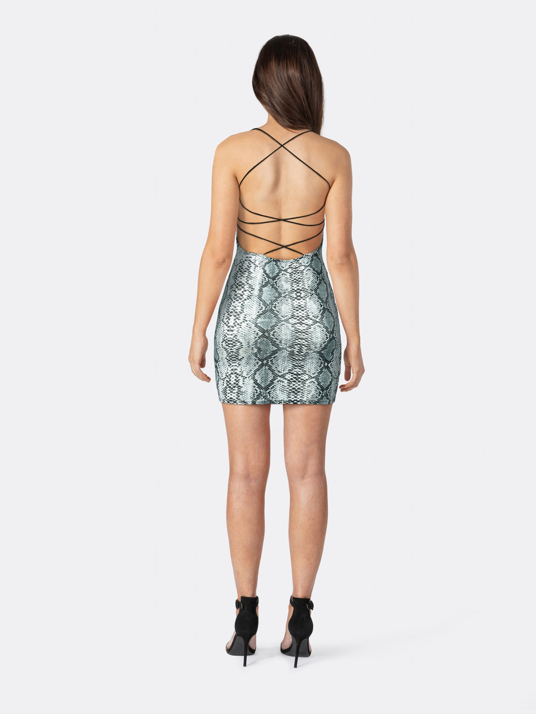 Bodycon Mini Dress Snake Print with Thin Straps that Cross at the Back Back