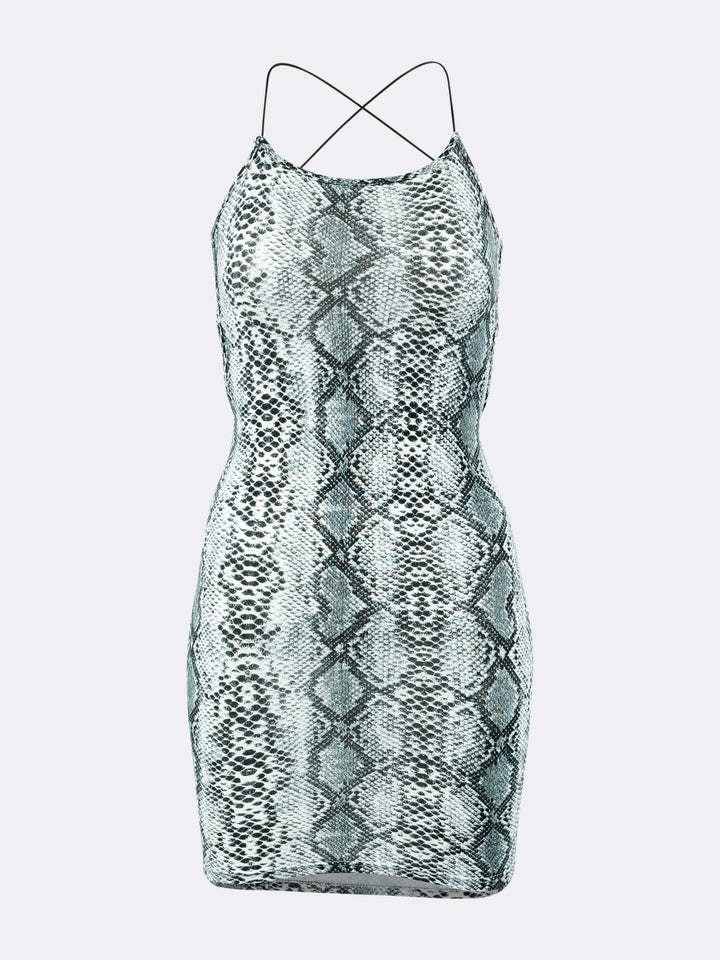 Bodycon Mini Dress Snake Print with Thin Straps that Cross at the Back Ghost