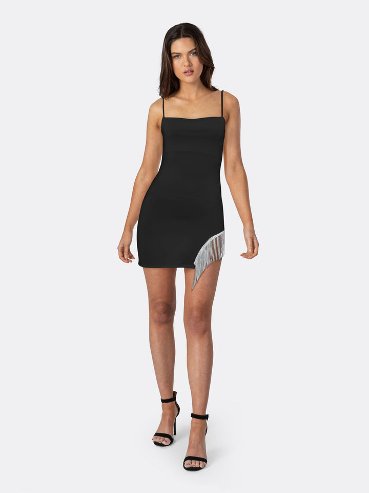 Bodycon Mini Dress with Bejeweled Fringing and Thin Straps Black Front | Jolovies