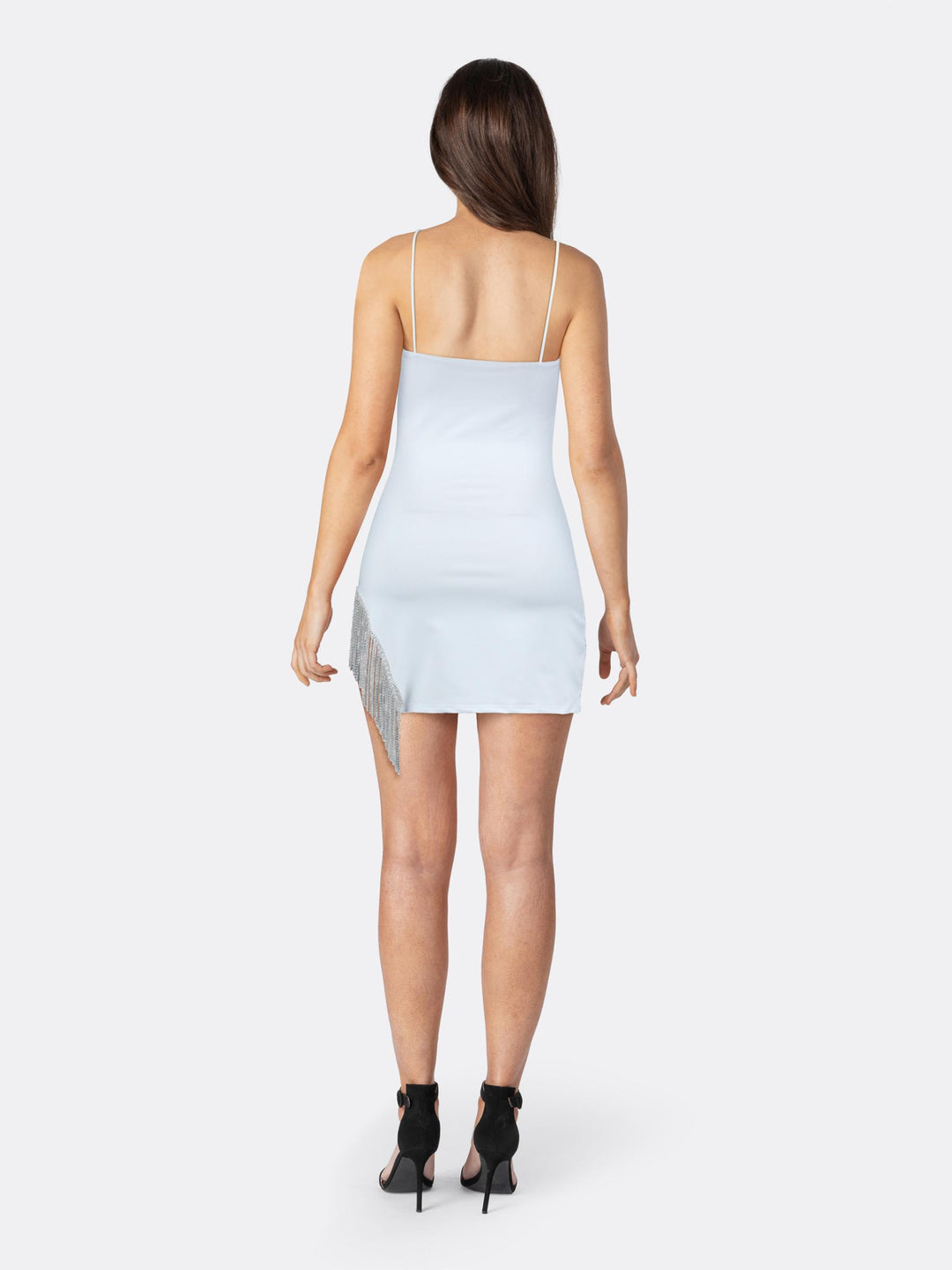 Bodycon Mini Dress with Bejeweled Fringing and Thin Straps White Back | Jolovies