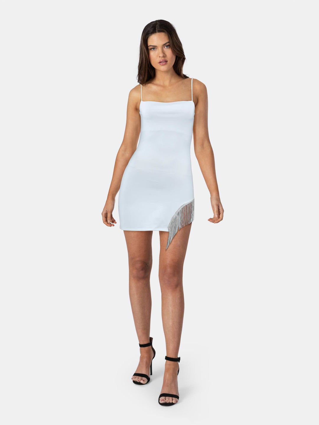 Bodycon Mini Dress with Bejeweled Fringing and Thin Straps White Front | Jolovies