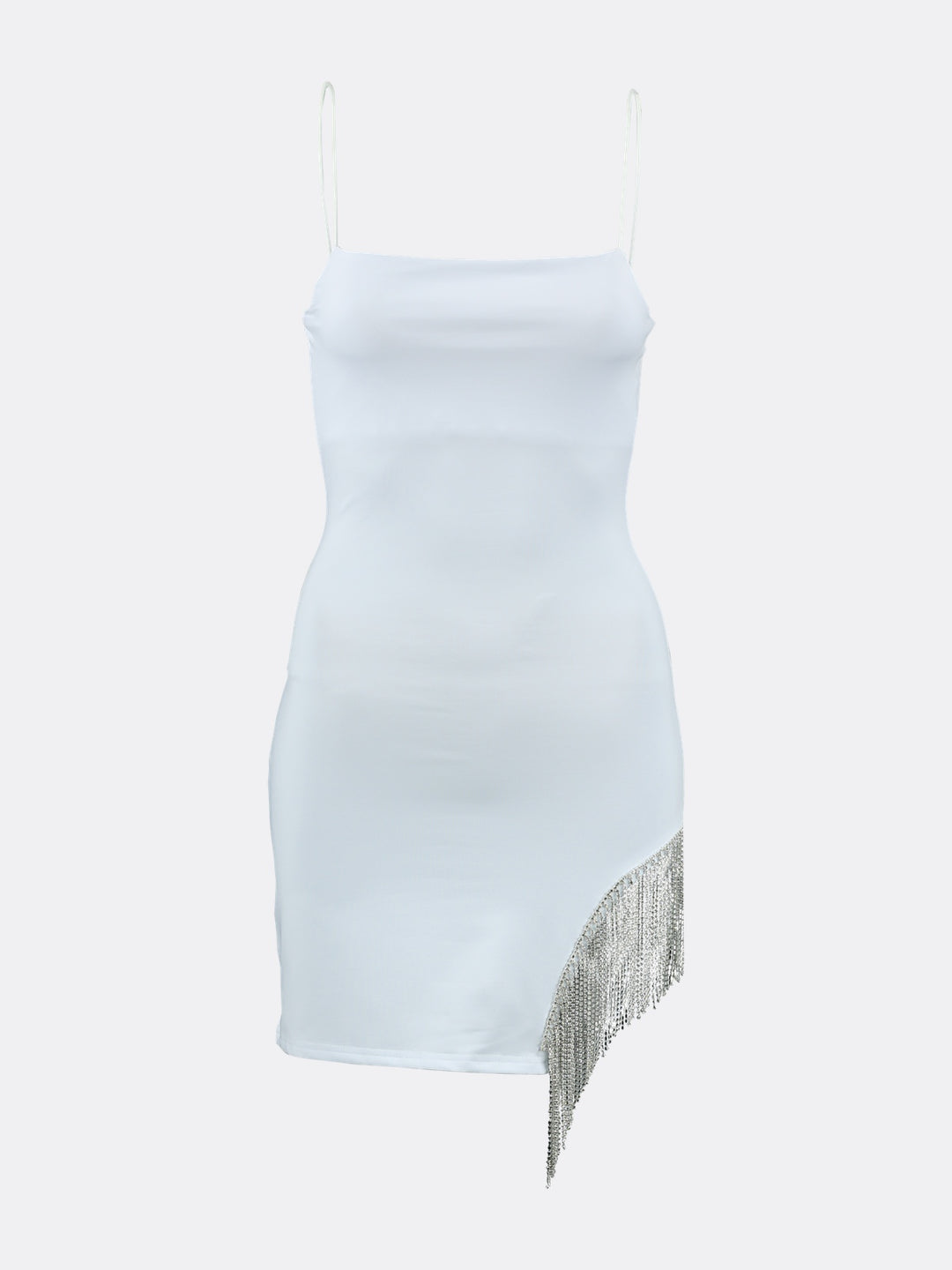 Bodycon Mini Dress with Bejeweled Fringing and Thin Straps White Ghost | Jolovies