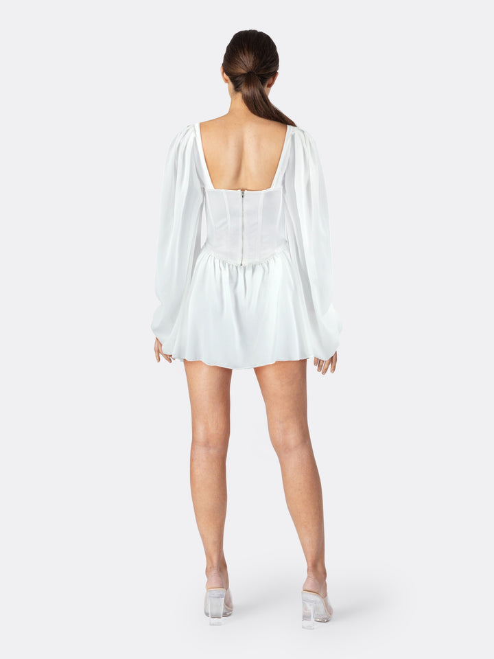 Corset-Style Long Sleeve Short Dress with Puff Details on the Shoulder White Back