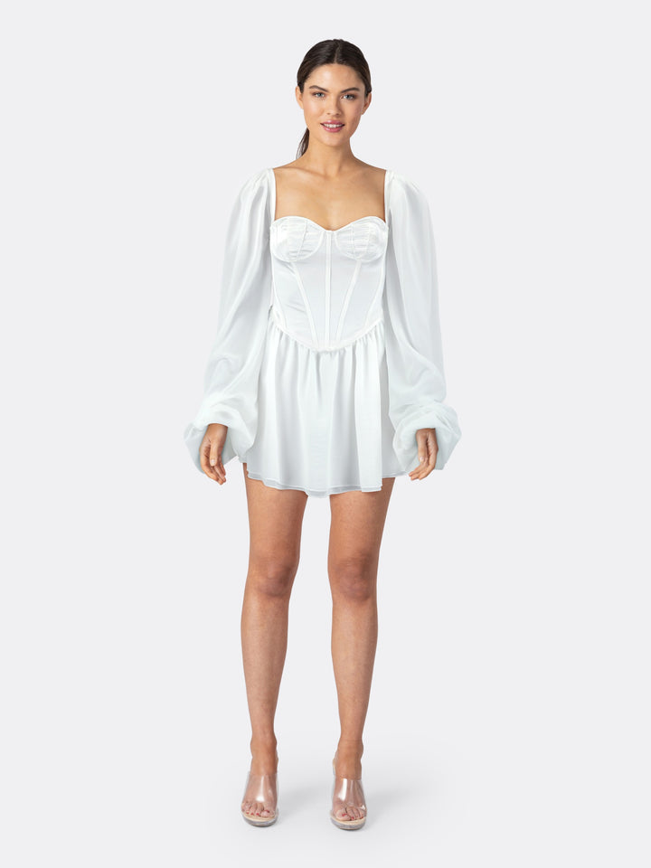 Corset-Style Long Sleeve Short Dress with Puff Details on the Shoulder White Front