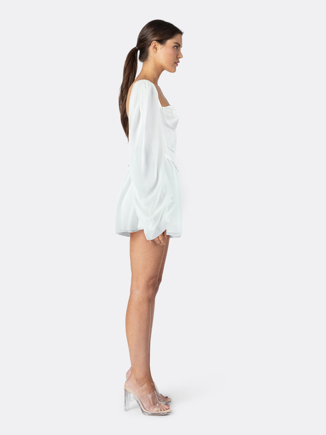 Corset-Style Long Sleeve Short Dress with Puff Details on the Shoulder White Side