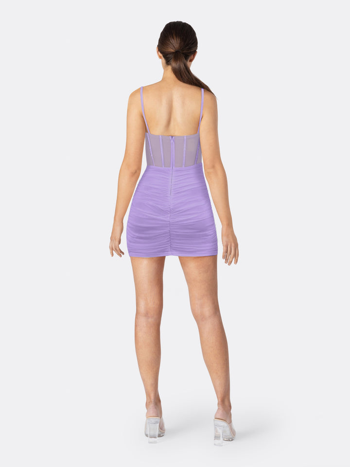 Corset-style Transparent Bodycon Bandage Mini Dress Purple Back | Jolovies