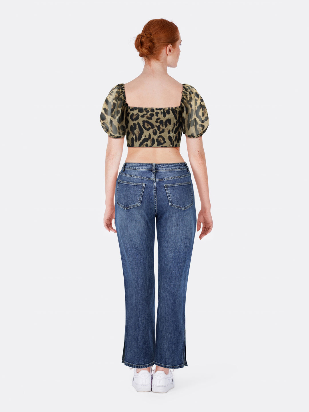 Crop Top with Puff Sleeve Buckle Leopard Print Back