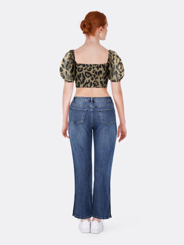 Crop Top with Puff Sleeve Buckle Leopard Print Back