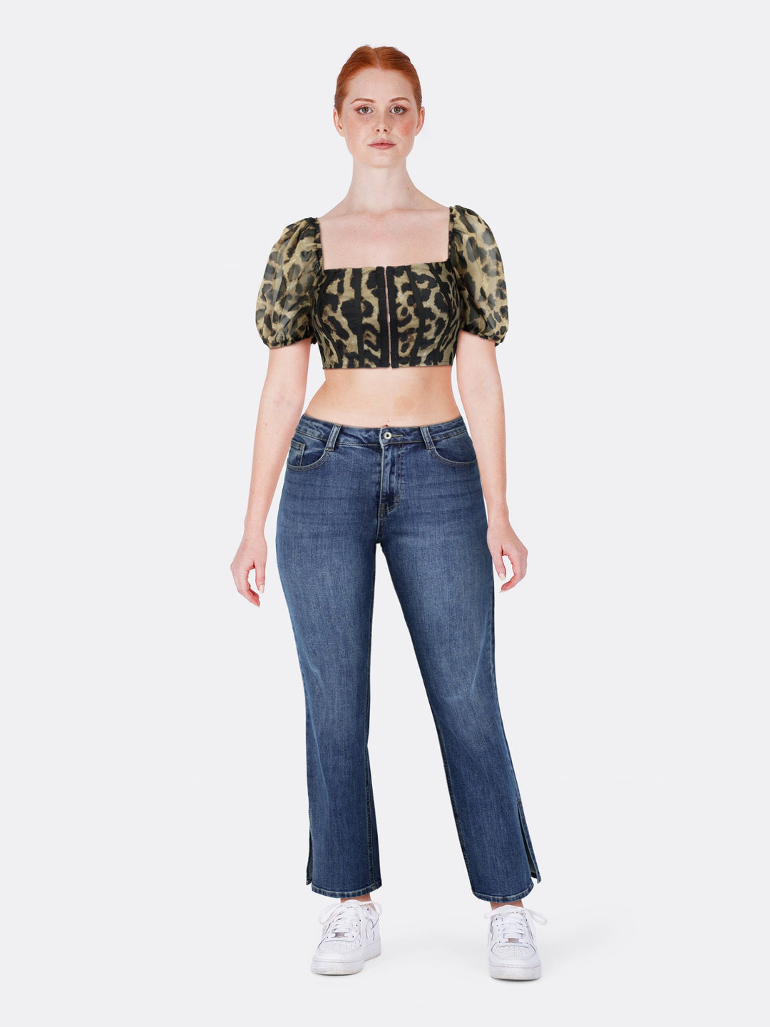 Crop Top with Puff Sleeve Buckle Leopard Print Front