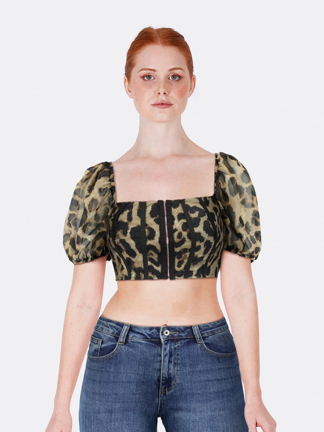 Crop Top with Puff Sleeve Buckle Leopard Print Front Close