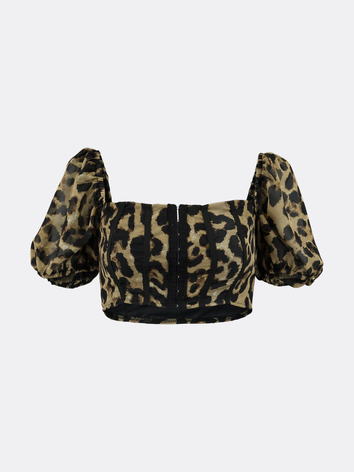Crop Top with Puff Sleeve Buckle Leopard Print Ghost