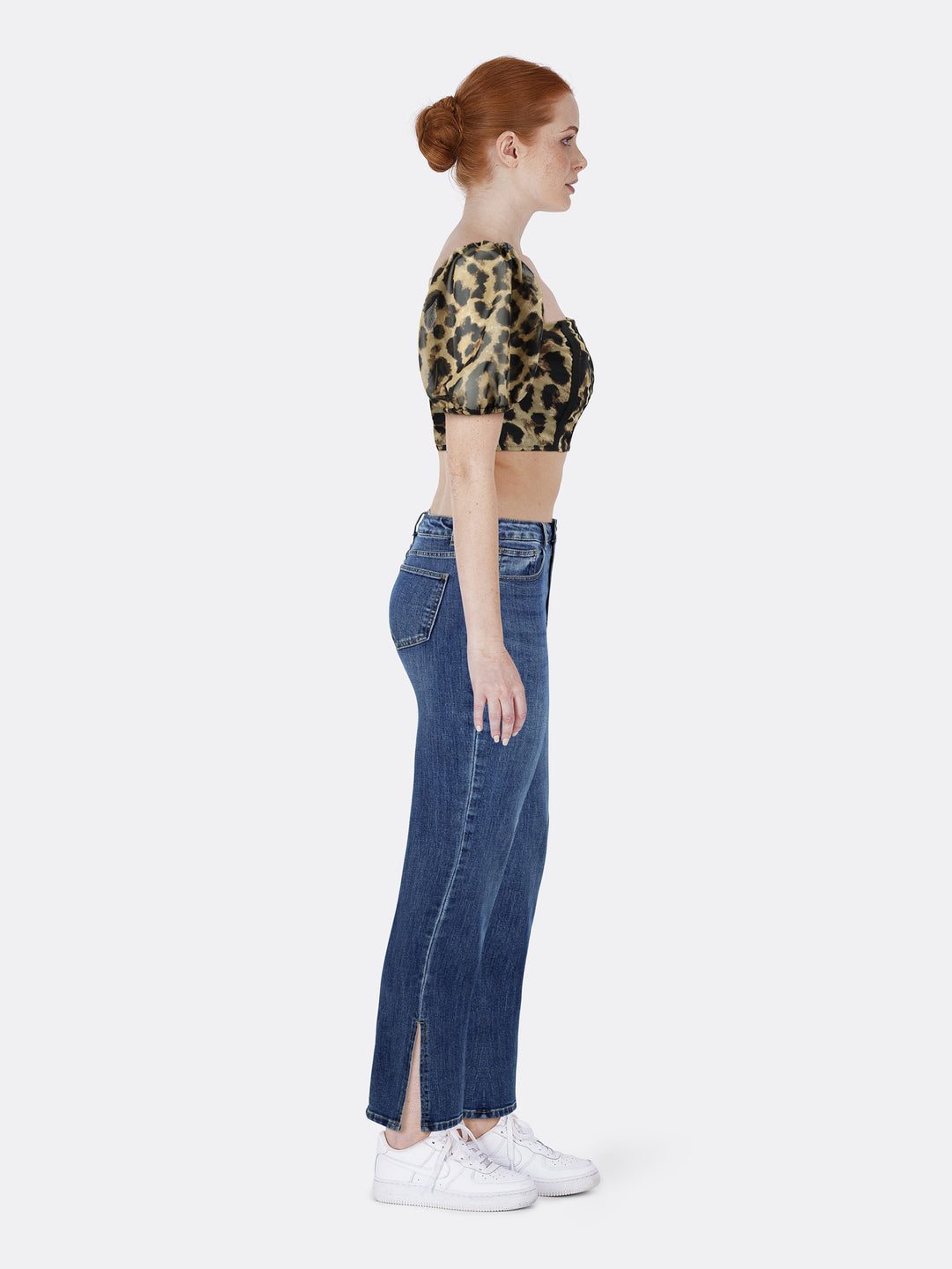 Crop Top with Puff Sleeve Buckle Leopard Print Side