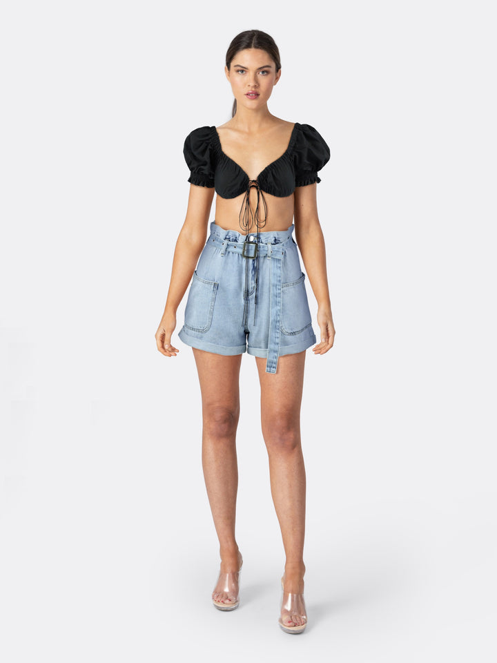 Elastic Lace Up Crop Top with Short Puff Sleeve Black Front