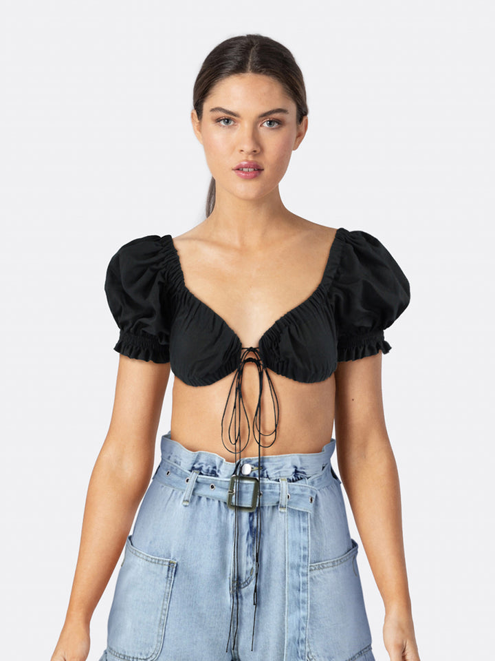 Elastic Lace Up Crop Top with Short Puff Sleeve Black Front Close