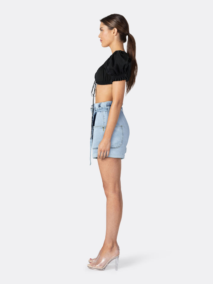 Elastic Lace Up Crop Top with Short Puff Sleeve Black Side