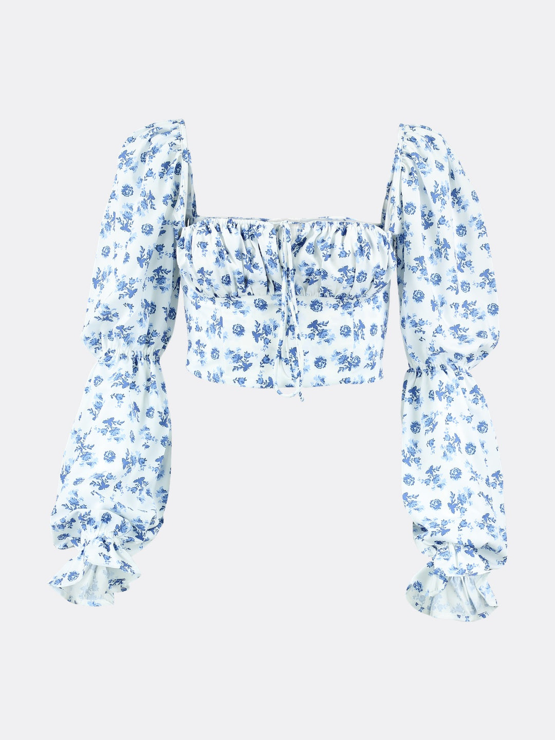 Floral Print Shirt with Long Puff Sleeve and Drawstring Square Collar White Ghost