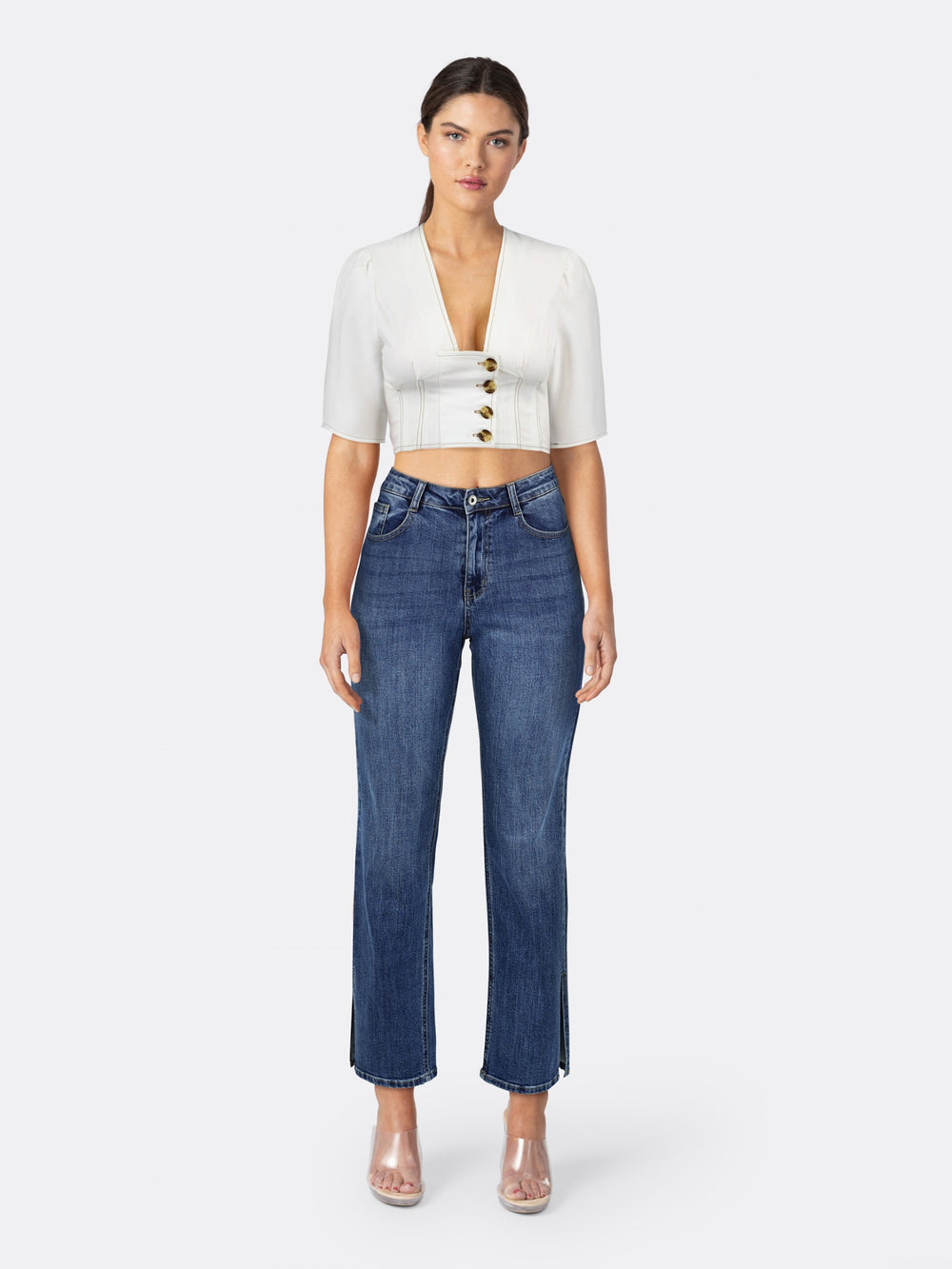 Half Sleeve Cropped Shirt V Neck with Button-up Front White Front