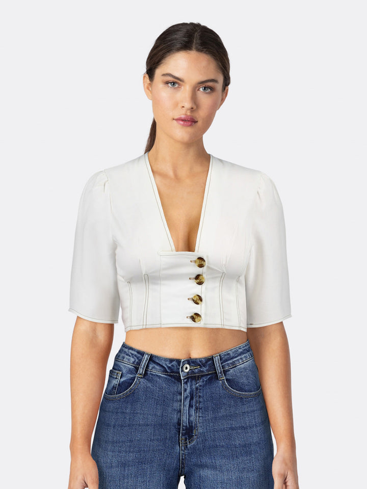 Half Sleeve Cropped Shirt V Neck with Button-up Front White Front Close
