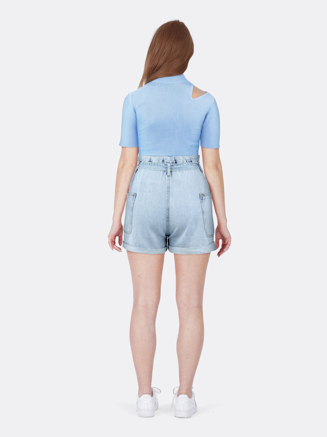 High Neck Short Sleeve Knitted Ribbed Crop Top with Cut Out Blue Back | Jolovies