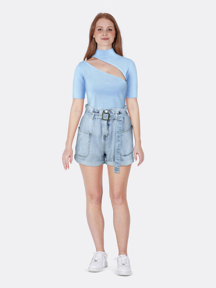 High Neck Short Sleeve Knitted Ribbed Crop Top with Cut Out Blue Front | Jolovies