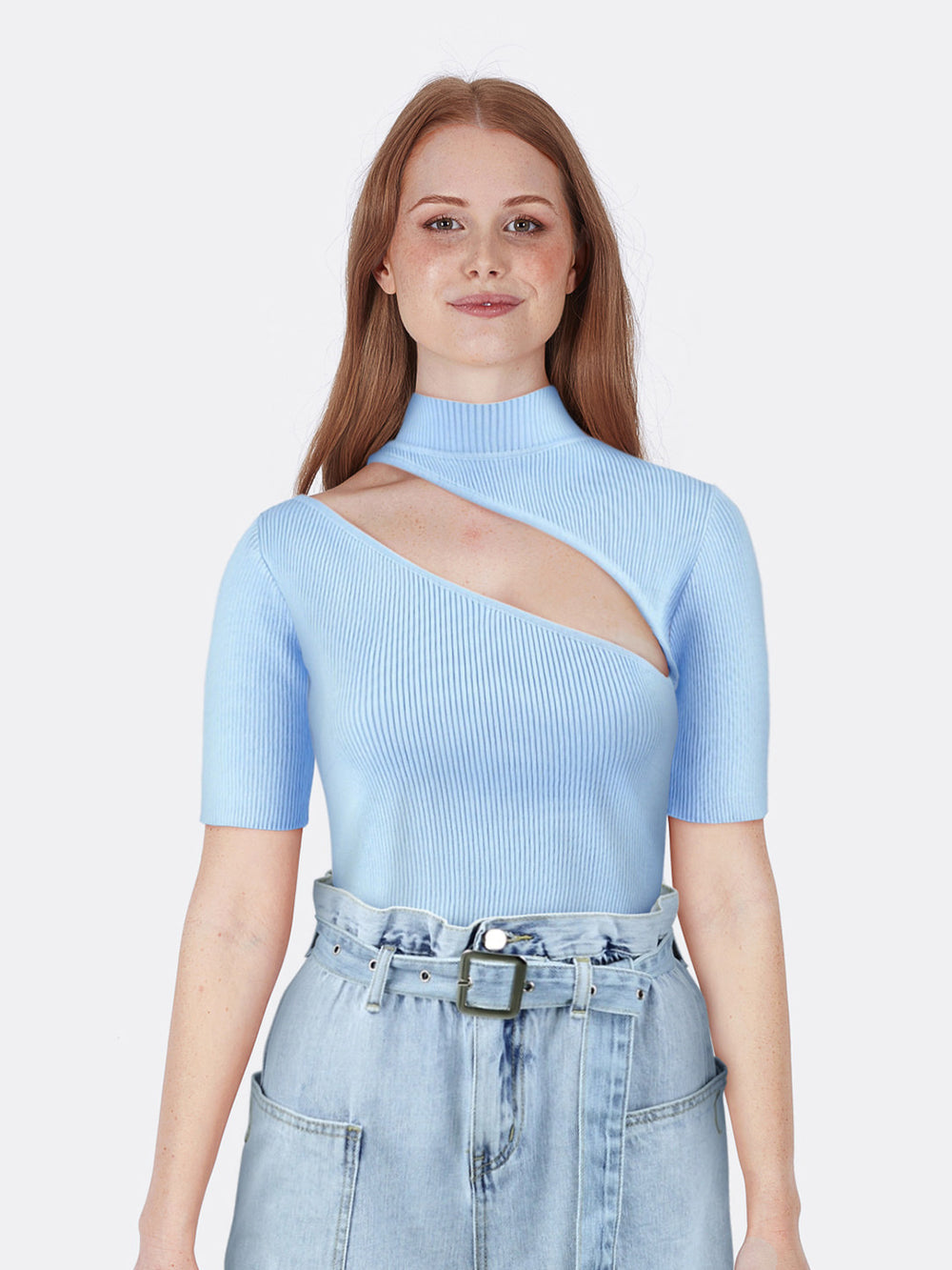 High Neck Short Sleeve Knitted Ribbed Crop Top with Cut Out Blue Front Close | Jolovies