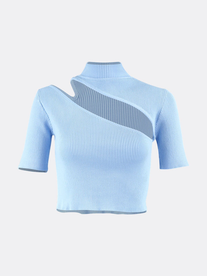 High Neck Short Sleeve Knitted Ribbed Crop Top with Cut Out Blue Ghost | Jolovies