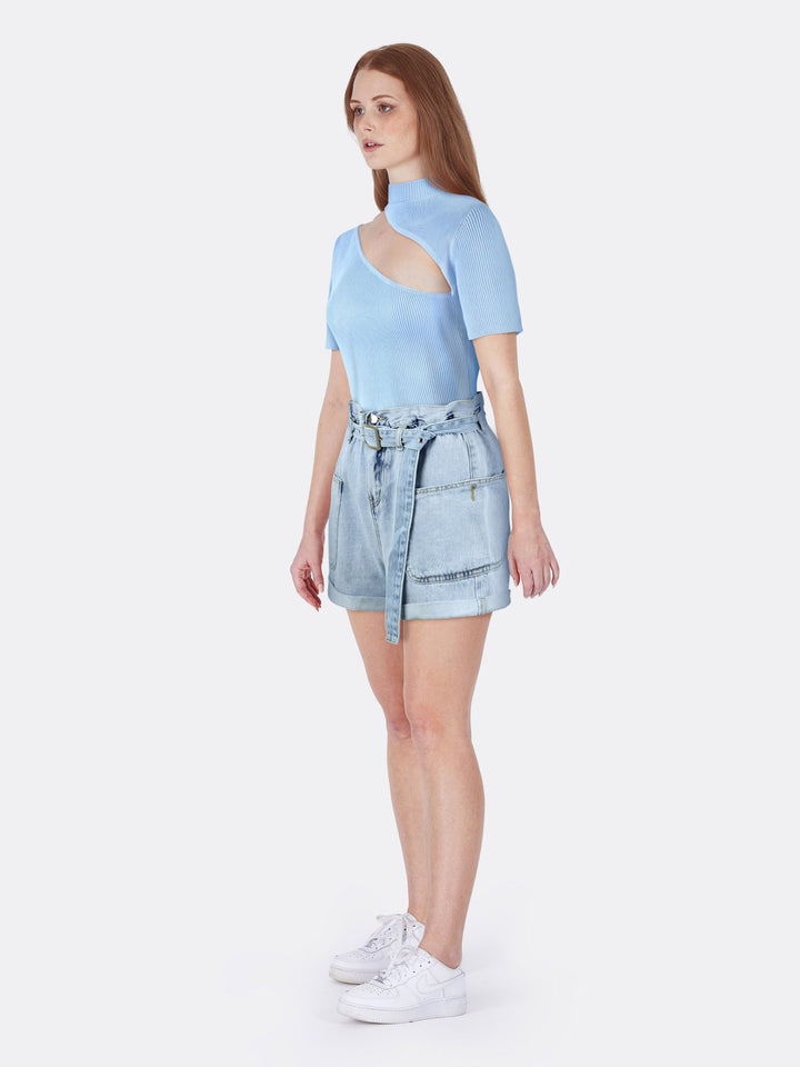 High Neck Short Sleeve Knitted Ribbed Crop Top with Cut Out Blue Side | Jolovies