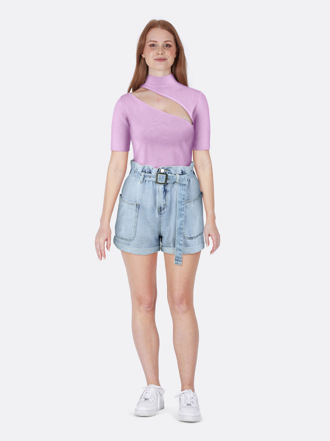 High Neck Short Sleeve Knitted Ribbed Crop Top with Cut Out Pink Front | Jolovies