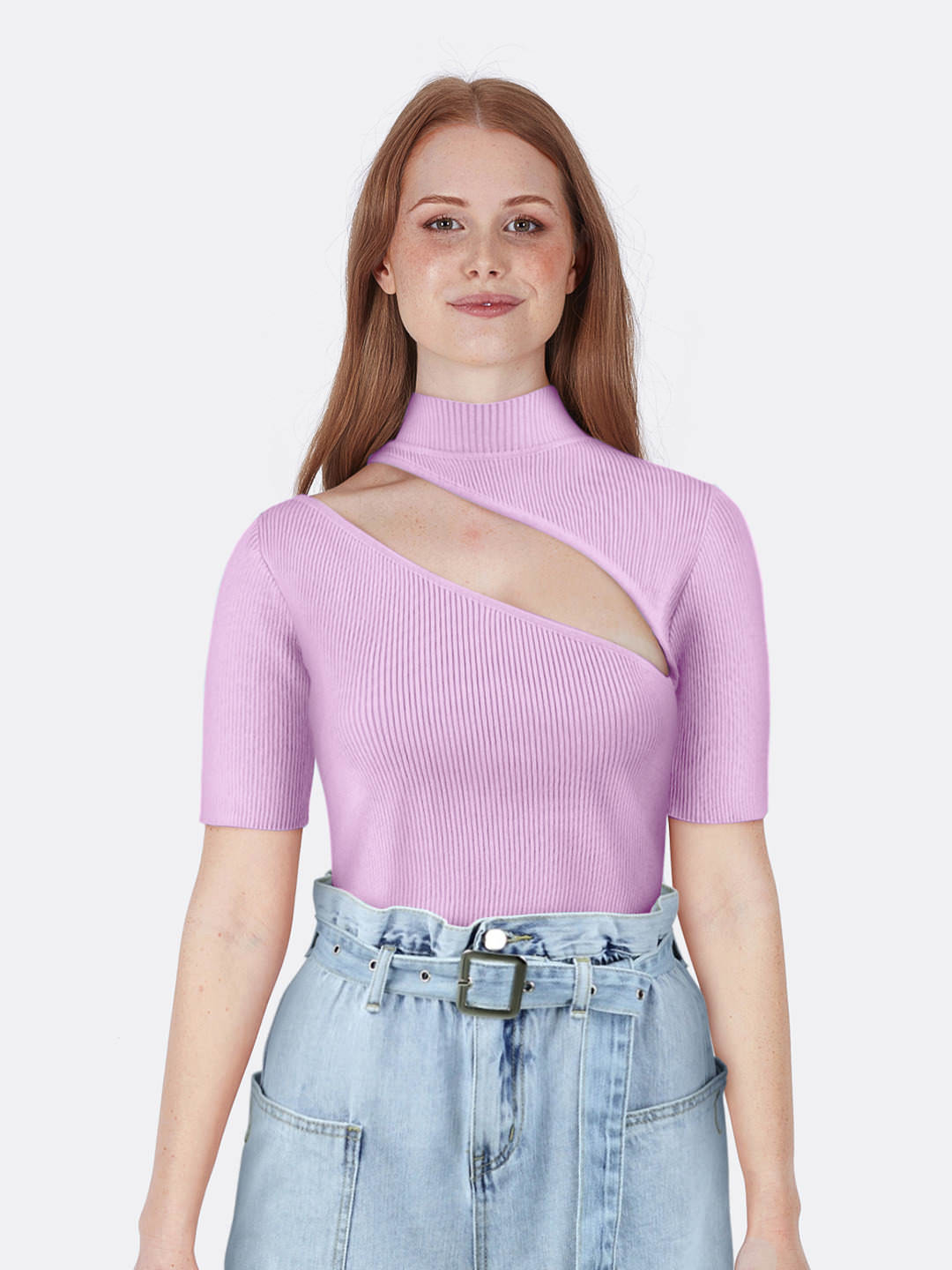 High Neck Short Sleeve Knitted Ribbed Crop Top with Cut Out Pink Front Close | Jolovies