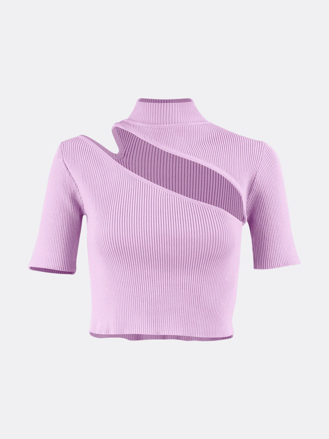 High Neck Short Sleeve Knitted Ribbed Crop Top with Cut Out Pink Ghost | Jolovies