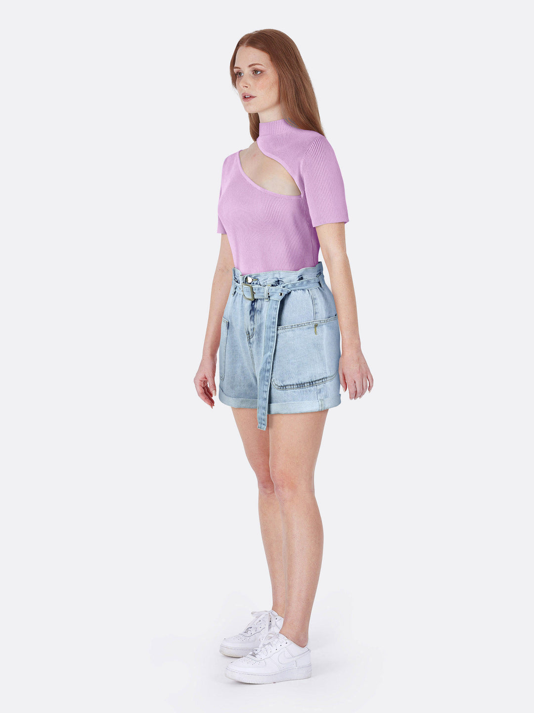 High Neck Short Sleeve Knitted Ribbed Crop Top with Cut Out Pink Side | Jolovies