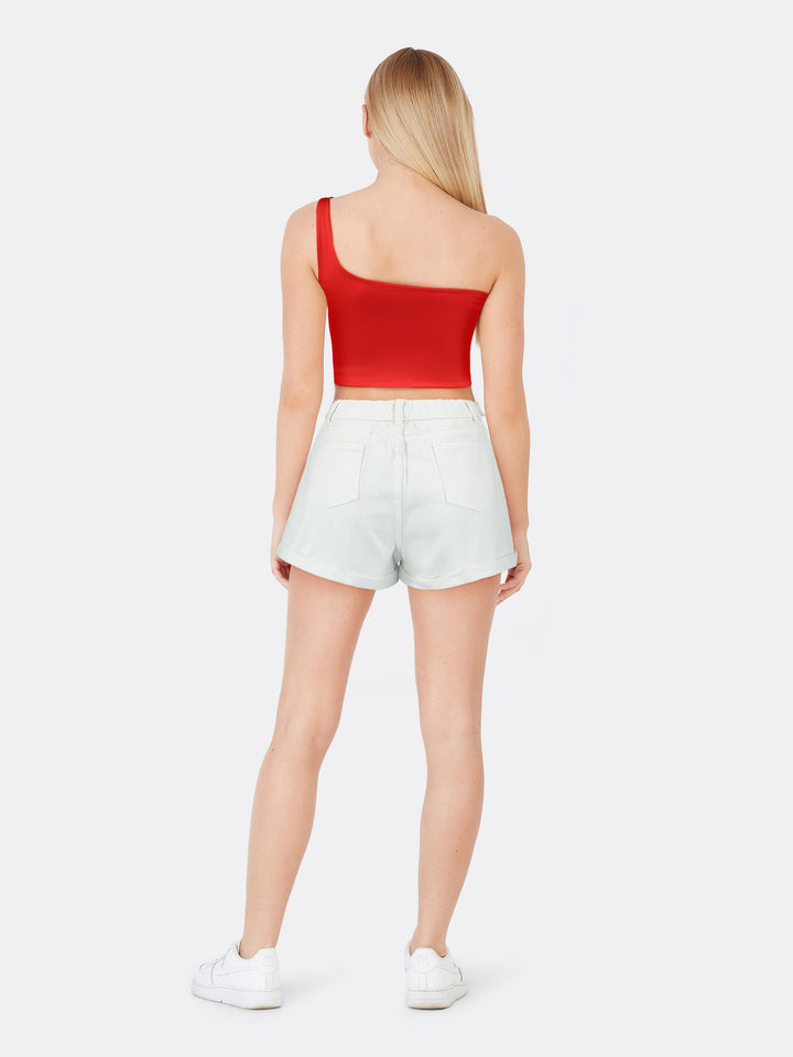High-Rise Mom Fit Denim Shorts with Pockets White Back