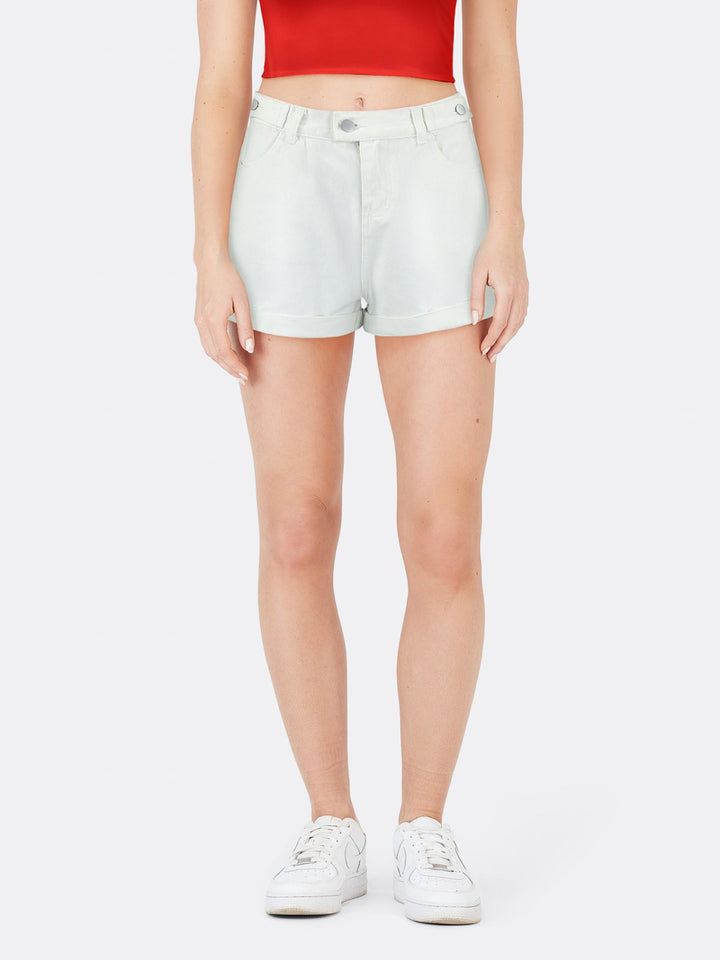 High-Rise Mom Fit Denim Shorts with Pockets White Front Close