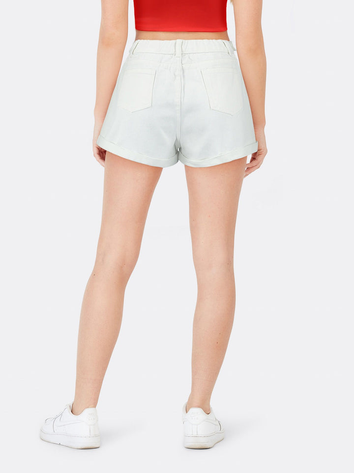 High-Rise Mom Fit Denim Shorts with Pockets White Front Back