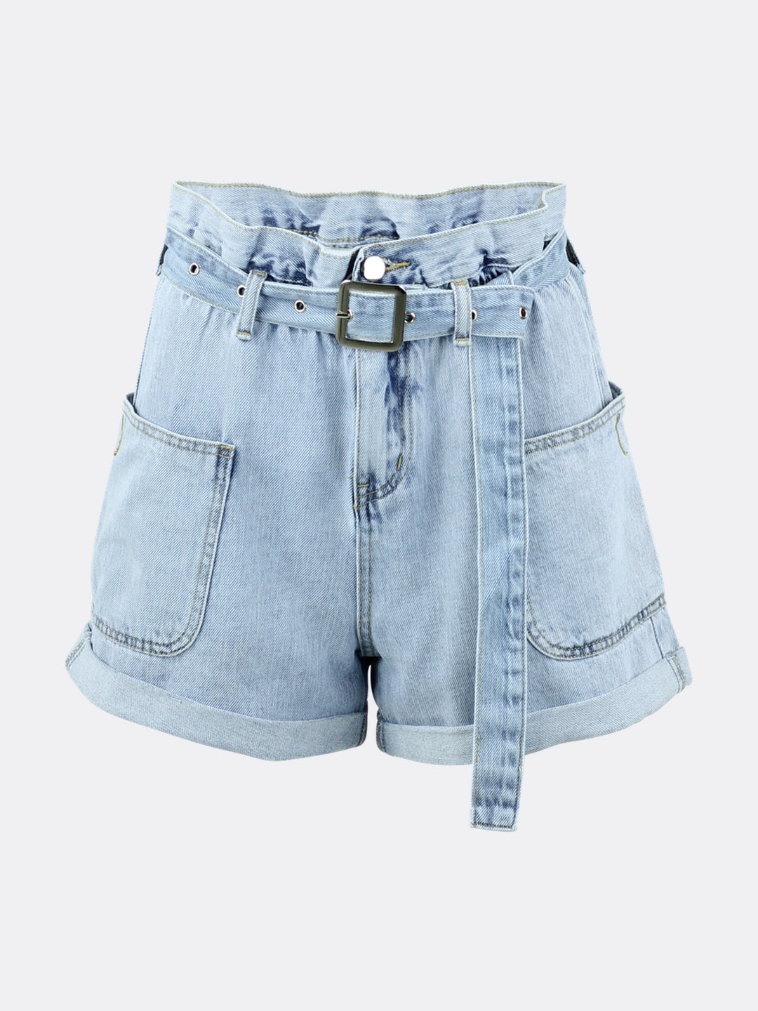 High Waist Denim Shorts with Matching Belt and Pocket Details Blue Ghost