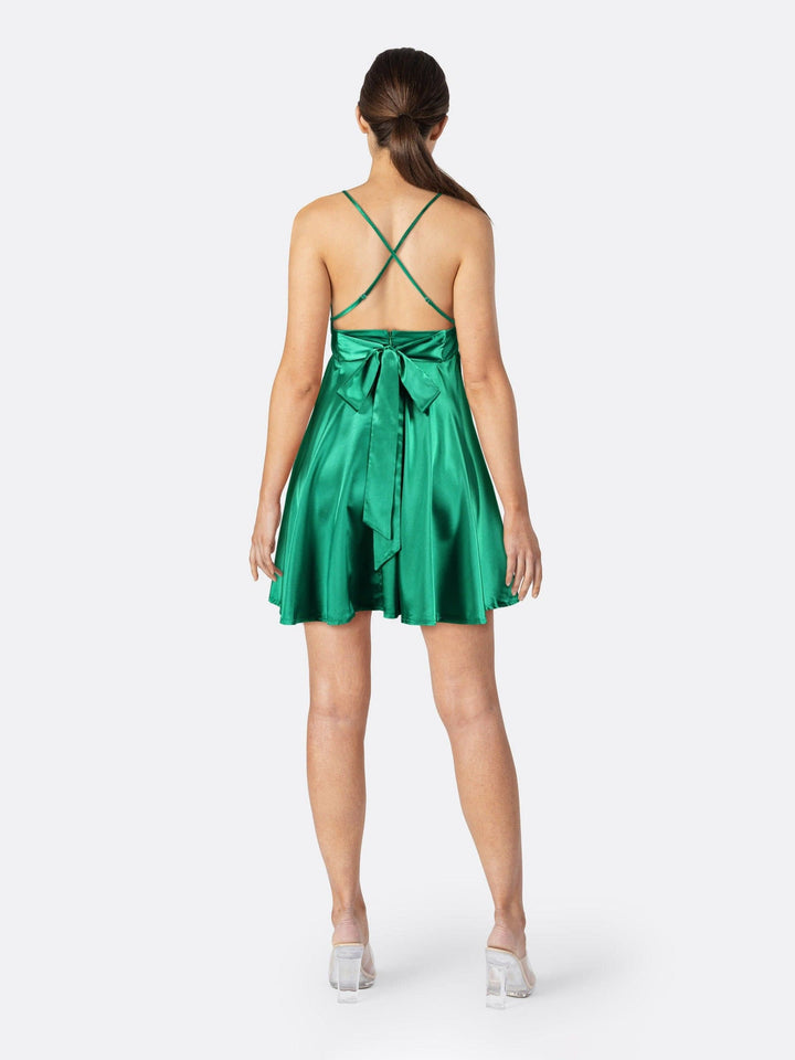 Strappy Satin Mini Dress Emerald Green Back