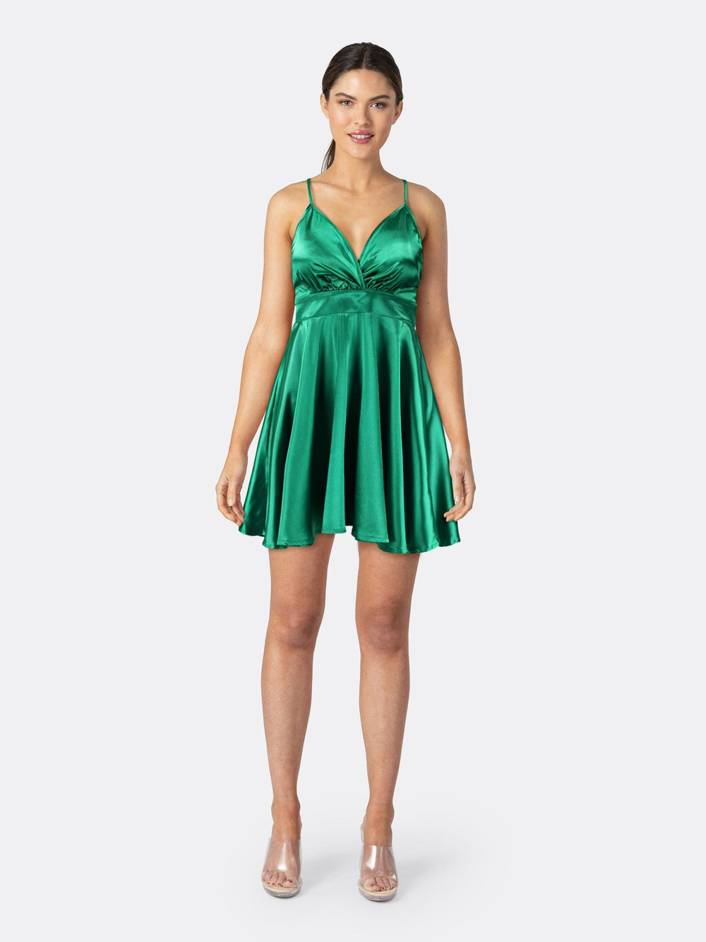 Strappy Satin Mini Dress Emerald Green Front