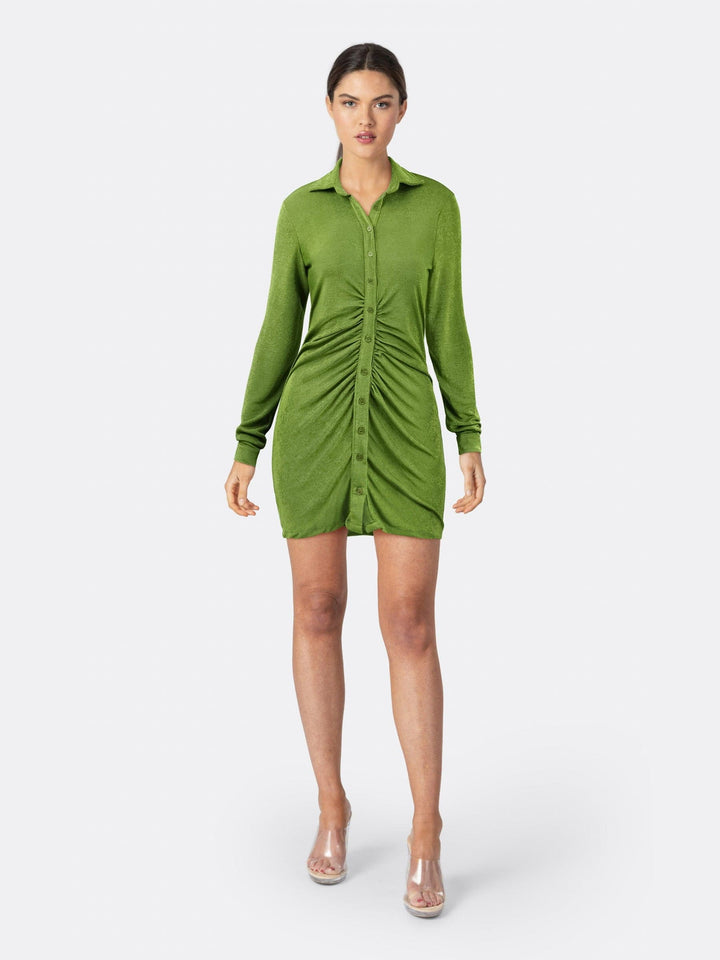 Lapel Woven Dress Single Breasted Long Sleeve Green Front | Jolovies