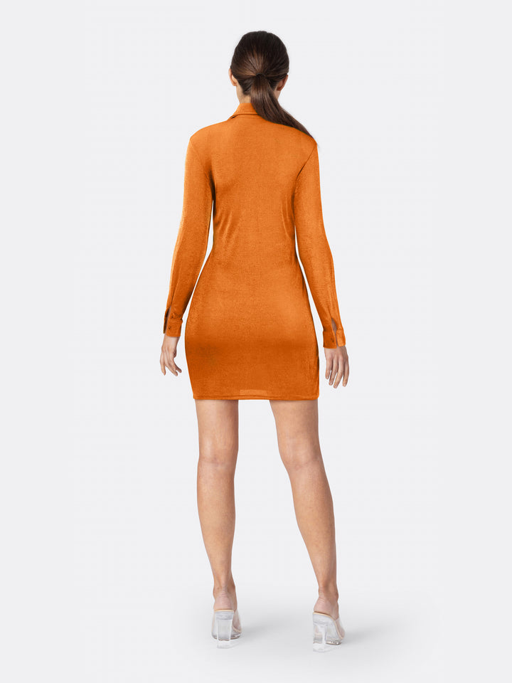 Lapel Woven Dress Single Breasted Long Sleeve Orange Back | Jolovies