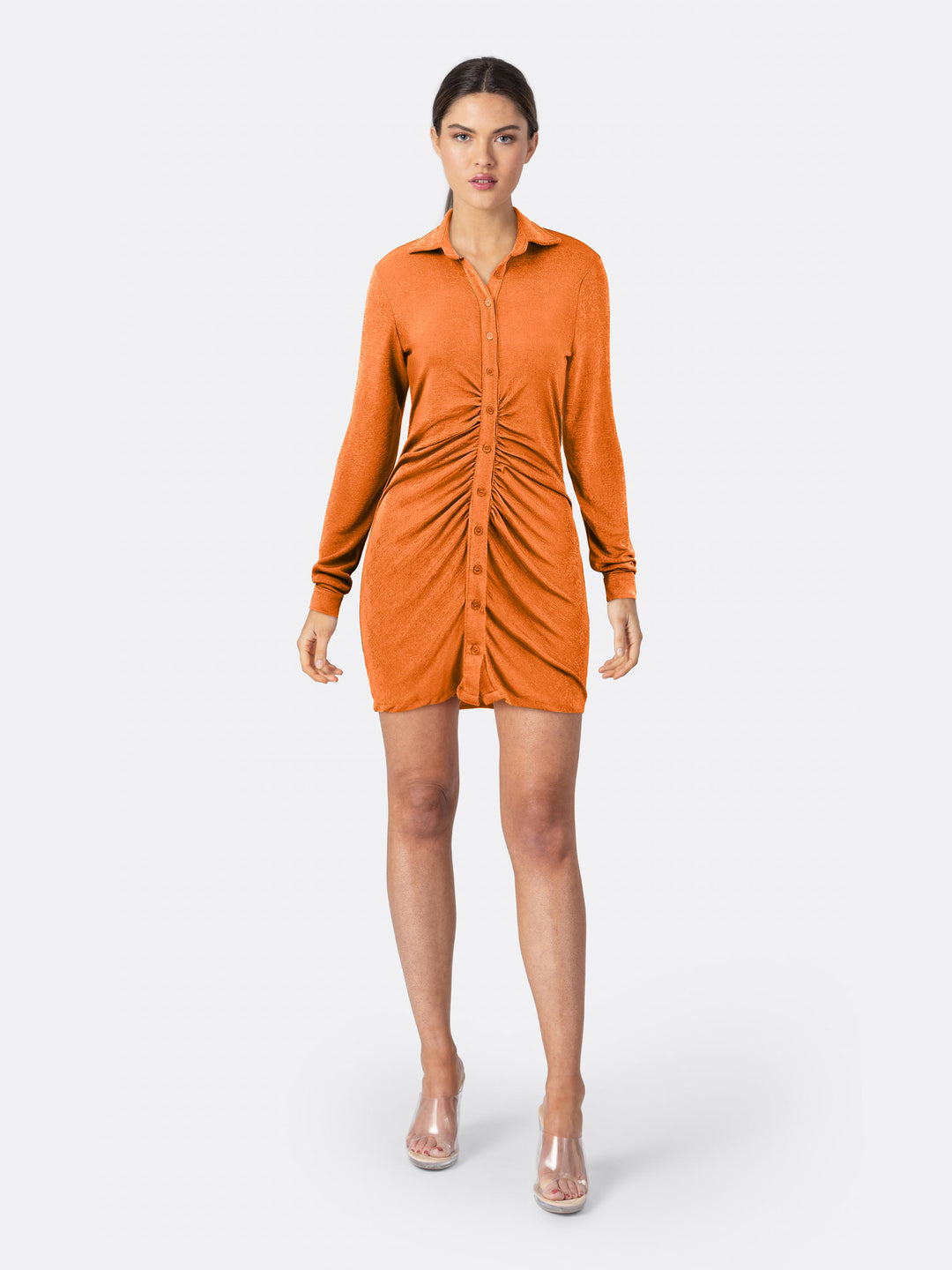 Lapel Woven Dress Single Breasted Long Sleeve Orange Front | Jolovies