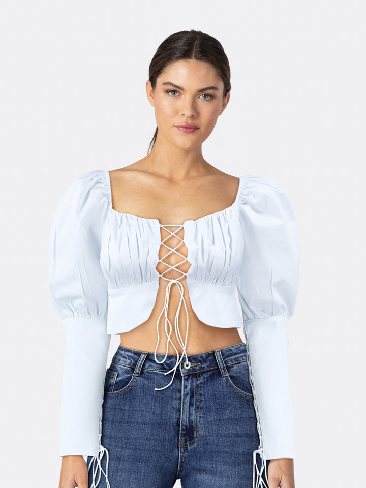 Long Puff Sleeve Crop Top Shirt with Lace Up White Front Close
