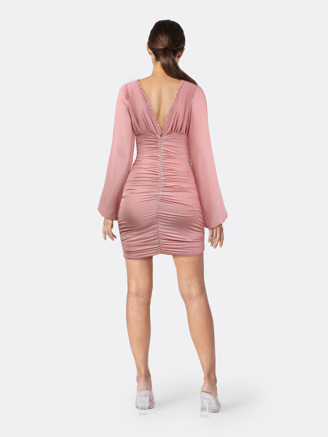 Long Sleeve Bodycon Dress Featuring Adjustable Draping Deep V Neck and Ruched Open Back Pink Back